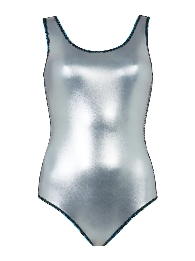 , view full size image of Front view of Product detail - Sirene Silver Lined Scoopback Swimsuit SRNE