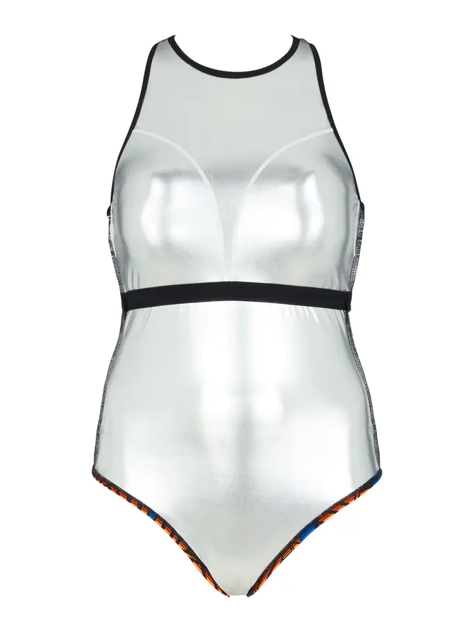 New, view full size image of Front view of Product detail - Awaken Blue Silver Lined Crossback Swimsuit AWBL
