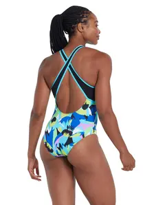 Display front view 2 of Product detail - Florish Blue Silver Lined Crossback Swimsuit FLBL