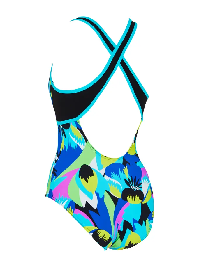 Sale, view full size image of Front view of Product detail - Florish Blue Silver Lined Crossback Swimsuit FLBL