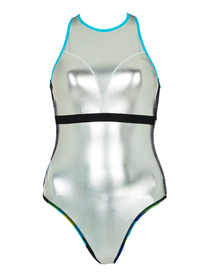 Sale, view full size image of Front view of Product detail - Florish Blue Silver Lined Crossback Swimsuit FLBL