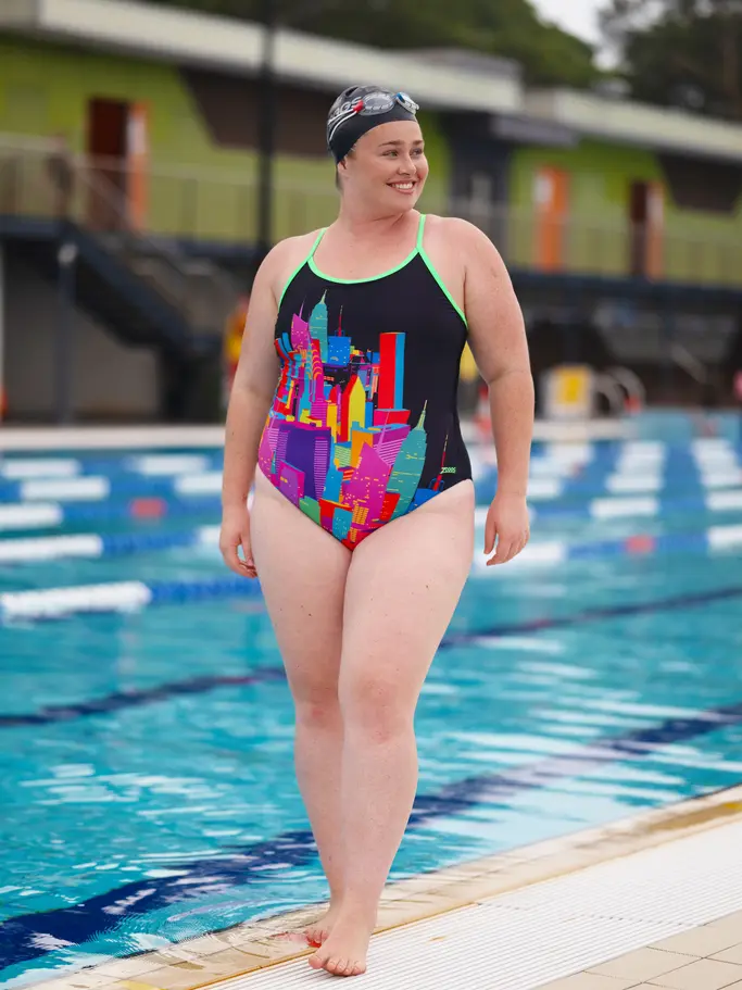 New, view full size image of Front view of Product detail - Skyscraper Sprintback Swimsuit SKYS