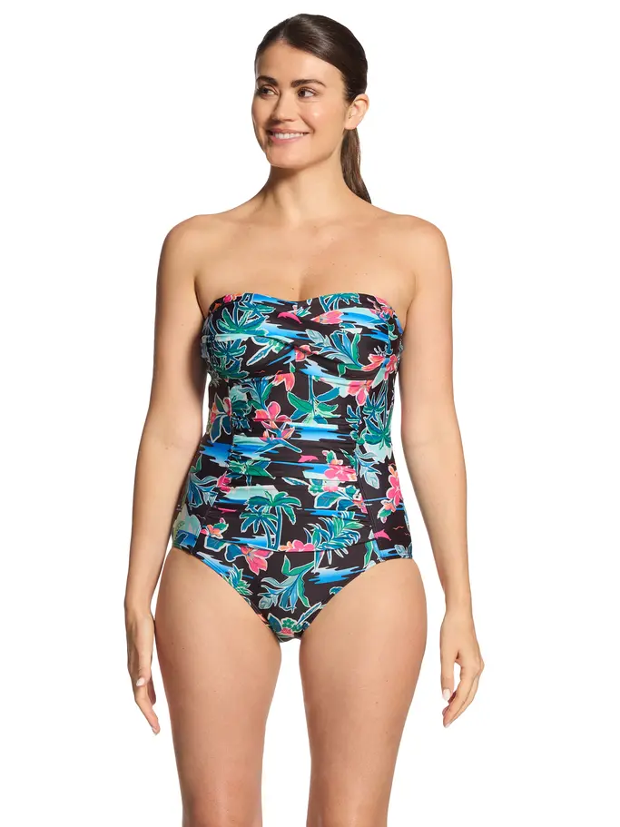 New, view full size image of Front view of Product detail - Retro Surf Ruched Bandeau Swimsuit RETR