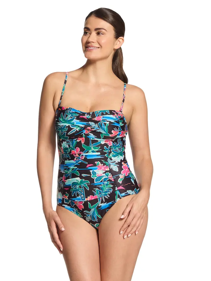 New, view full size image of Front view of Product detail - Retro Surf Ruched Bandeau Swimsuit RETR
