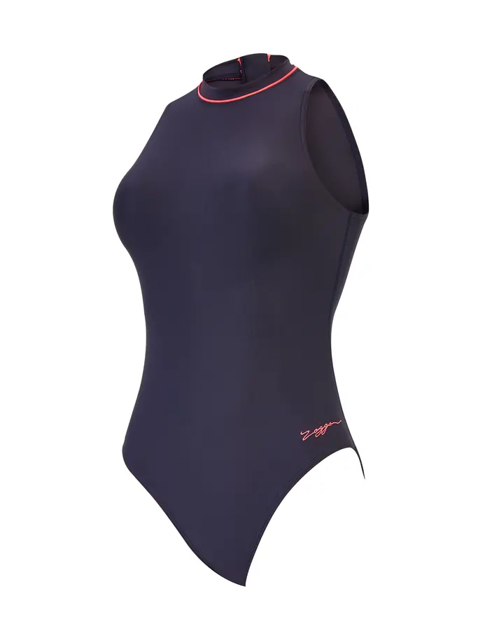 Best Seller, view full size image of Front view of Product detail - Cable Zipped Highneck Swimsuit (Ecolast) black
