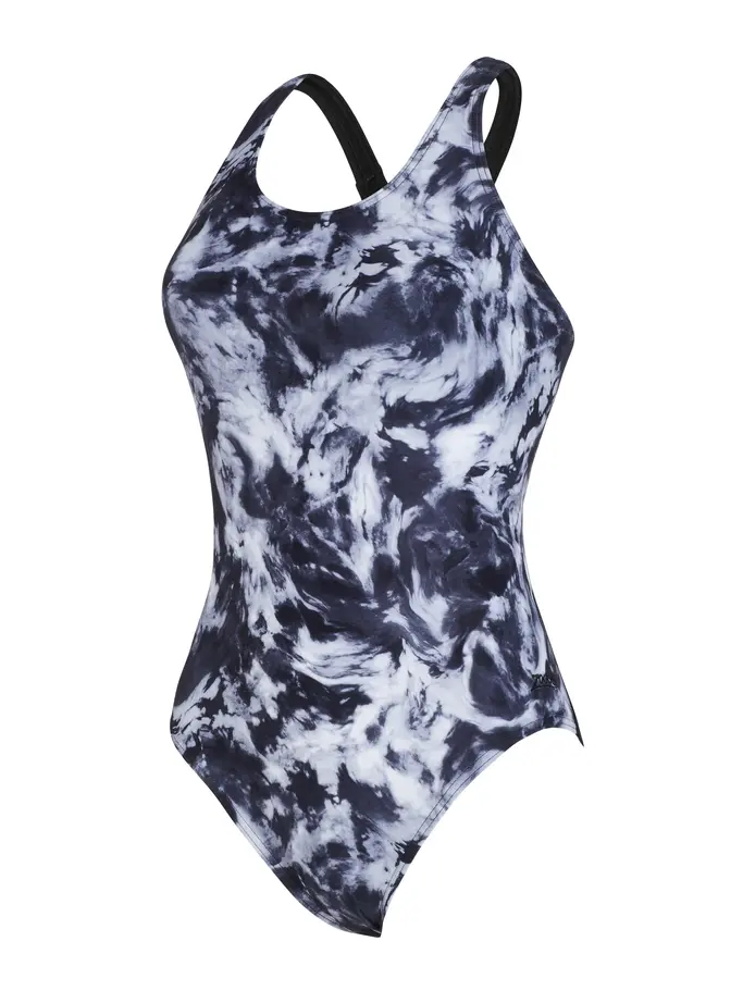 , view full size image of Front view of Product detail - Marble Powerback Women One Piece Swimsuit black