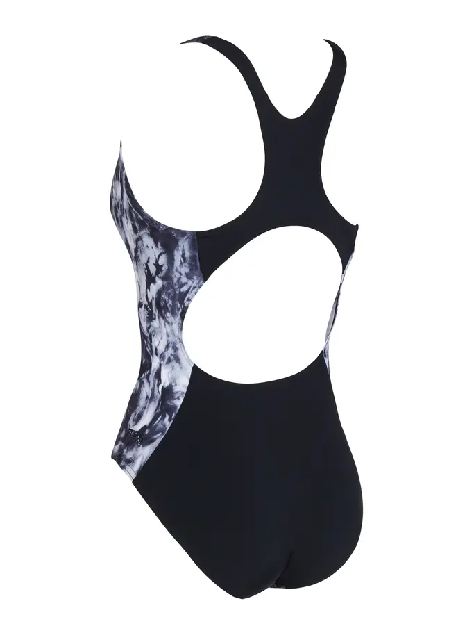 , view full size image of Front view of Product detail - Marble Powerback Women One Piece Swimsuit black