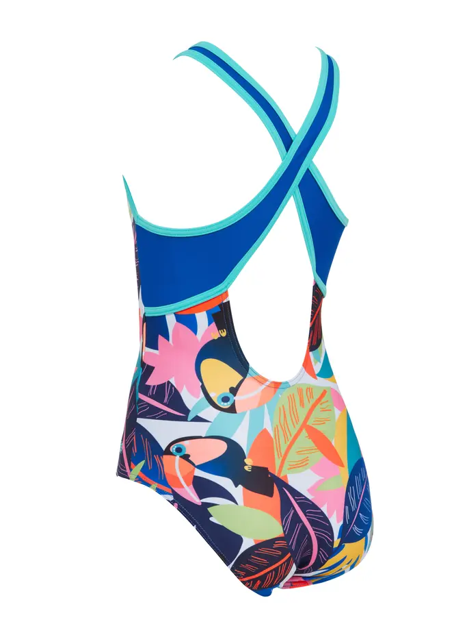 Sale, Ver imagen de tamaño completo de Vista frontal de Product detail - Girls Toucan Print Hi Front Crossback Swimsuit TUCF