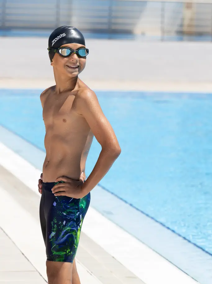 , view full size image of Front view of Product detail - Boys Mako Mid length Swimming Jammer MAKO