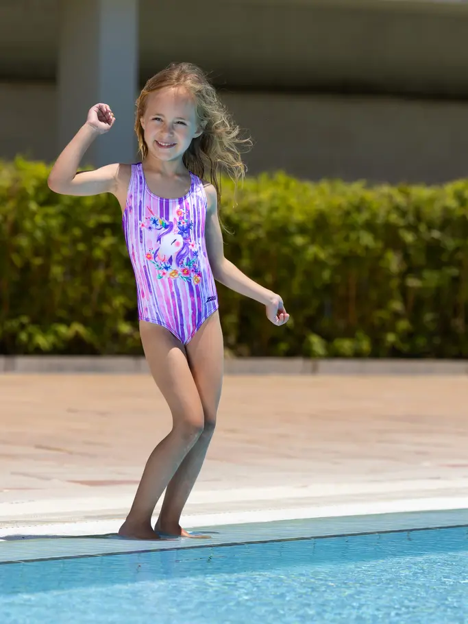 , view full size image of Front view of Product detail - Girls Unicorn Actionback One Piece Swimsuit UNIC