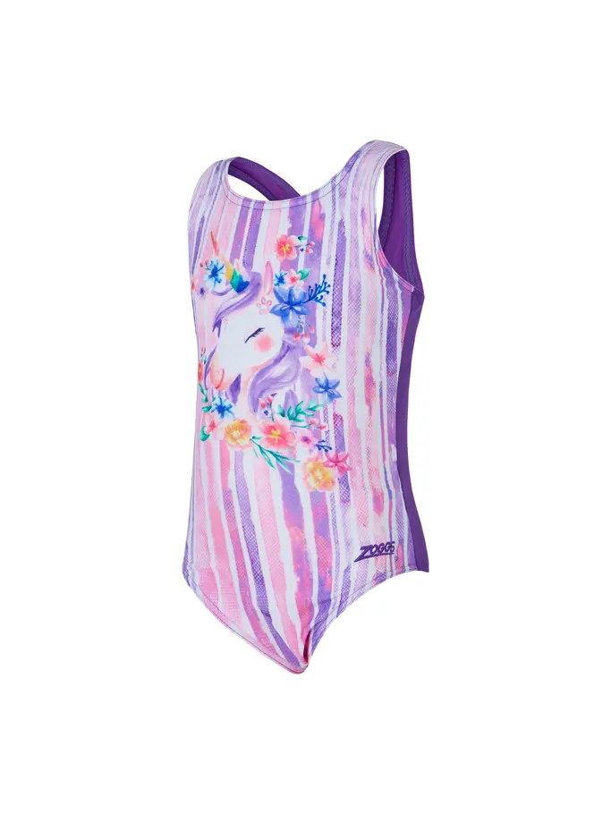 , view full size image of Front view of Product detail - Girls Unicorn Actionback One Piece Swimsuit UNIC