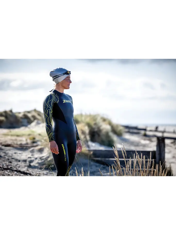 , view full size image of Front view of Product detail - Womens Explorer Ultra FS Open Water Wetsuit black/yellow