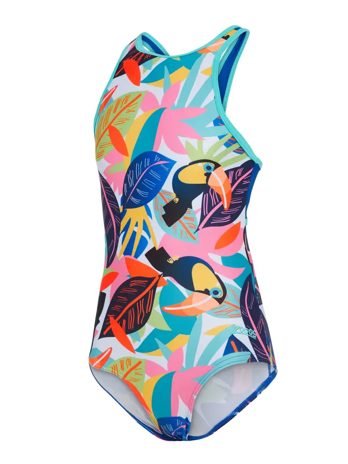 Product overview - Girls Toucan Print Hi Front Crossback Swimsuit TUCF